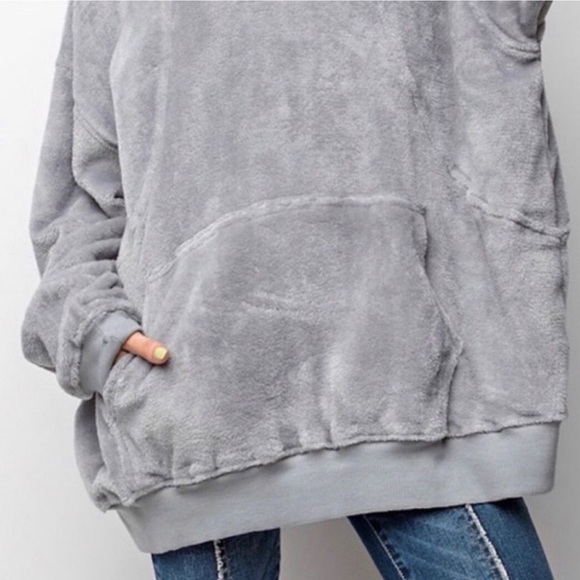 Velour Pullover Kangaroo Pocket Oversized Sweatshirt Hoodie Dove Gray NWT - Picture 7 of 16